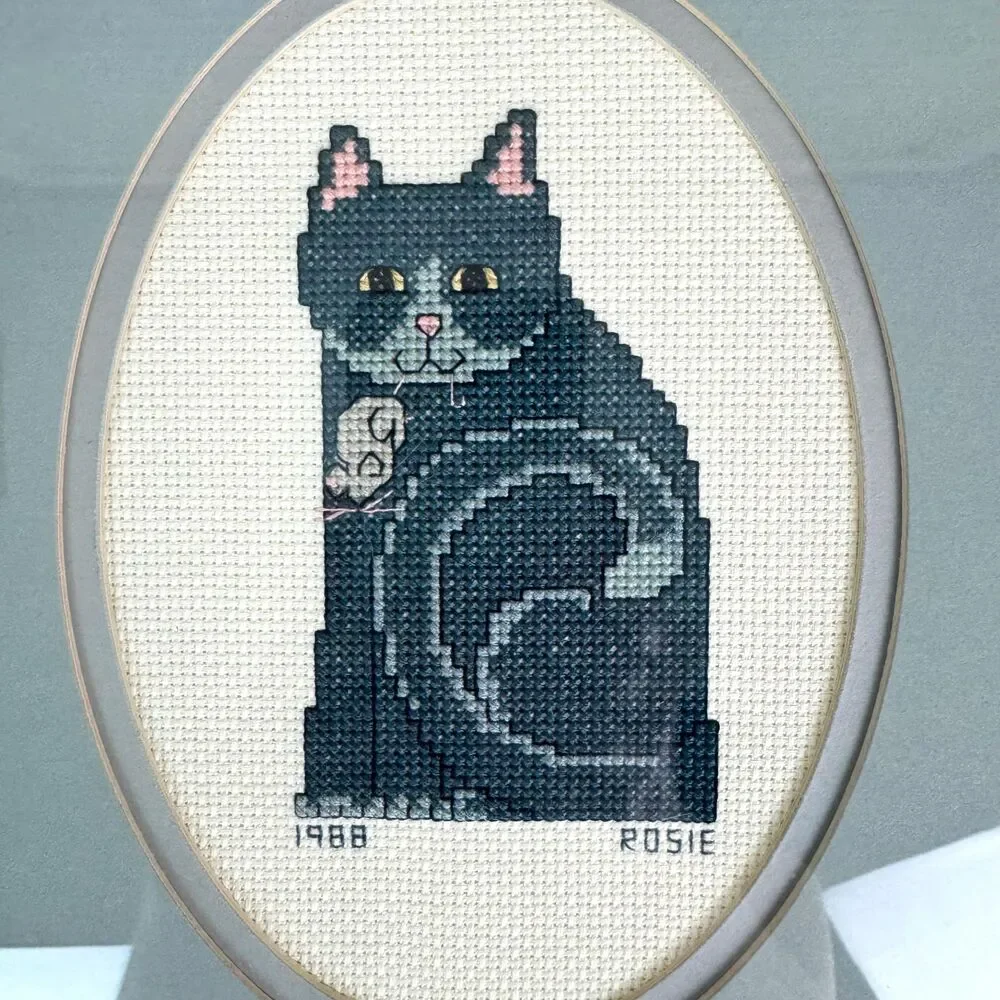 Vintage 1988 Cat Cross Stitch Wall Art / Handmade Framed Kitty Mouse Needlework